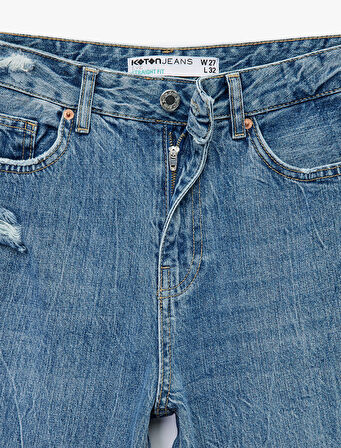Yıpratılmış Pamuklu Düz Paça Straight Fit Jean Pantolon  - Straight Jeans