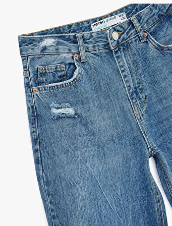 Yıpratılmış Pamuklu Düz Paça Straight Fit Jean Pantolon  - Straight Jeans