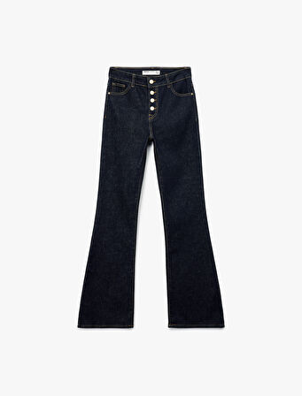 Yüksek Bel Düğme Detaylı Cepli Dar Kesim İspanyol Paça Jean Pantolon - Flare Jeans