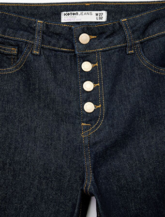 Yüksek Bel Düğme Detaylı Cepli Dar Kesim İspanyol Paça Jean Pantolon - Flare Jeans