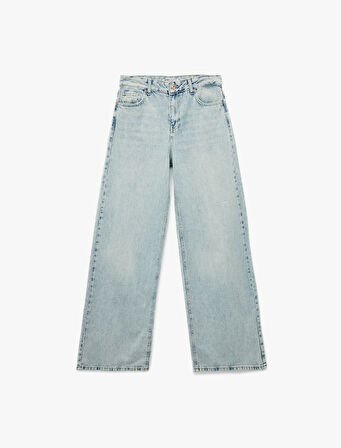 Düğmeli Cepli Rahat Kalıp Pamuklu Bol Paça Jean Pantolon - Loose Straight Fit Jean