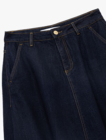 Pamuklu Cep Detaylı Midi Balon Denim Etek