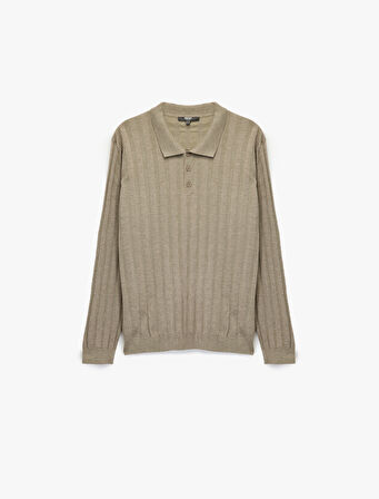 Polo Yaka Düğme Detaylı Uzun Kollu Triko Kazak