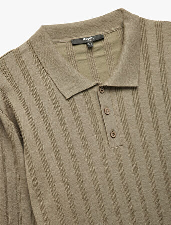 Polo Yaka Düğme Detaylı Uzun Kollu Triko Kazak