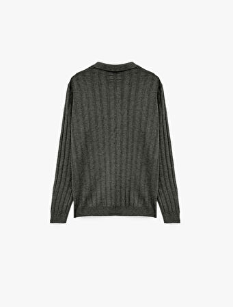 Polo Yaka Düğme Detaylı Uzun Kollu Triko Kazak