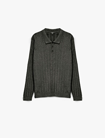 Polo Yaka Düğme Detaylı Uzun Kollu Triko Kazak