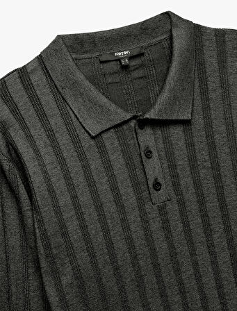 Polo Yaka Düğme Detaylı Uzun Kollu Triko Kazak