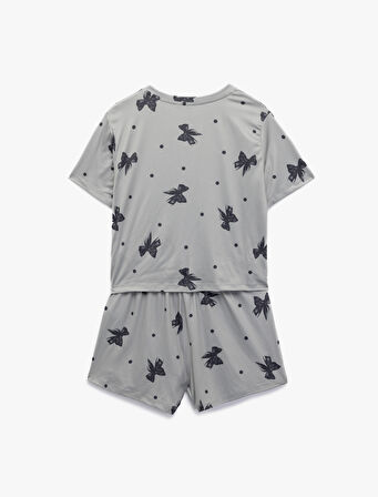 Kısa Kollu Bisiklet Yaka Fiyonk Baskılı Şortlu Pijama Takımı