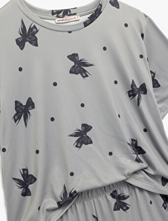 Kısa Kollu Bisiklet Yaka Fiyonk Baskılı Şortlu Pijama Takımı