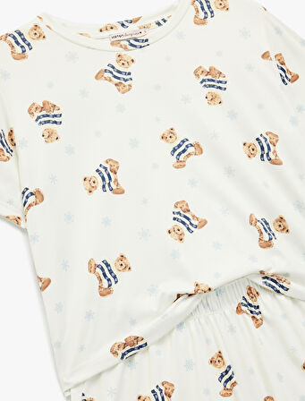 Rahat Kalıp Kısa Kollu Bisiklet Yaka Şortlu Ayıcık Baskılı Örme Pijama Takımı