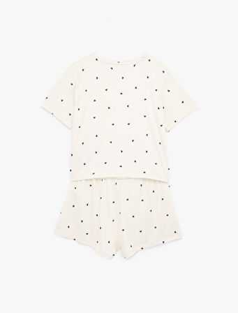 Kalp Desenli Rahat Kalıp Kısa Kollu Bisiklet Yaka Şortlu Pijama Takımı