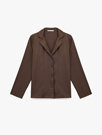 Rahat Kalıp Uzun Kollu Gömlek Yaka Saten Pijama Üstü