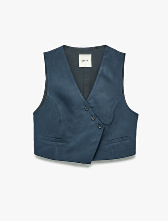 Modal Kumaş Asimetrik Kesim Düğmeli Kruvaze Crop Yelek