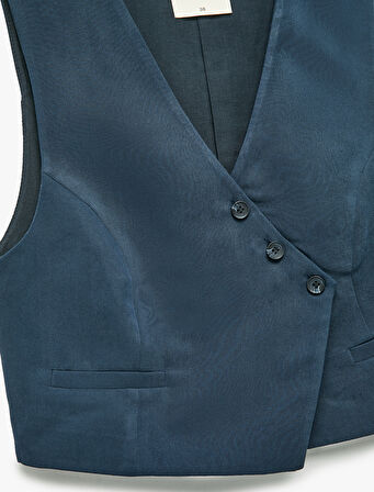 Modal Kumaş Asimetrik Kesim Düğmeli Kruvaze Crop Yelek