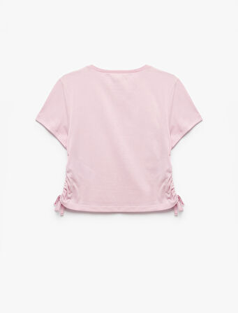 Pamuklu Taş Baskılı Büzgü Detaylı Kısa Kollu Crop Tişört