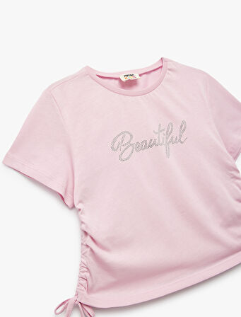 Pamuklu Taş Baskılı Büzgü Detaylı Kısa Kollu Crop Tişört