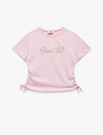 Pamuklu Taş Baskılı Büzgü Detaylı Kısa Kollu Crop Tişört