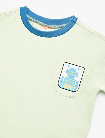 Robot Baskılı Pamuklu Kısa Kollu Bisiklet Yaka Tişört