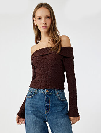 Slim Fit Dokulu Omzu Açık Uzun Kollu Tişört