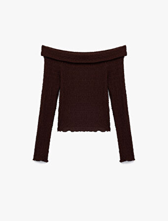 Slim Fit Dokulu Omzu Açık Uzun Kollu Tişört