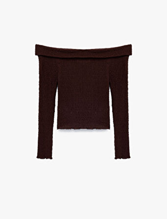Slim Fit Dokulu Omzu Açık Uzun Kollu Tişört