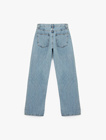 Pamuklu Düğmeli Düz Paça Taş Detaylı Jean Pantolon - Straight Fit Jean