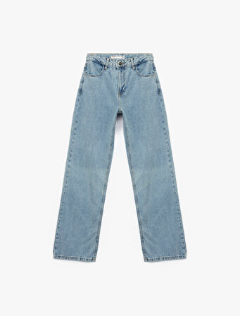 Pamuklu Düğmeli Düz Paça Taş Detaylı Jean Pantolon - Straight Fit Jean