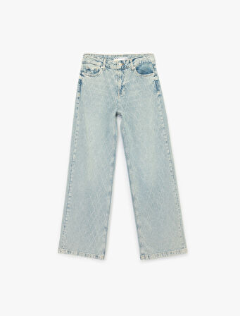 Normal Bel Geniş Paça Taş Detaylı Pamuklu Jean Pantolon - Wide Leg Jeans