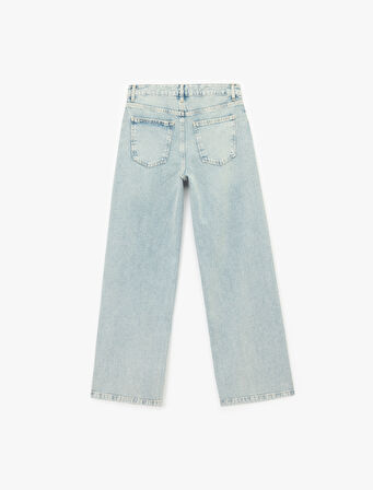 Normal Bel Geniş Paça Taş Detaylı Pamuklu Jean Pantolon - Wide Leg Jeans
