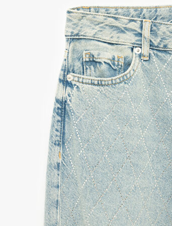 Normal Bel Geniş Paça Taş Detaylı Pamuklu Jean Pantolon - Wide Leg Jeans