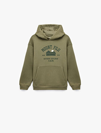 Uzun Kollu Pamuklu Baskılı Kanguru Cepli Kapşonlu Sweatshirt