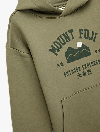 Uzun Kollu Pamuklu Baskılı Kanguru Cepli Kapşonlu Sweatshirt