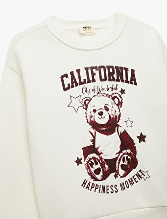 Ayıcık Baskılı Uzun Kollu Bisiklet Yaka Sweatshirt