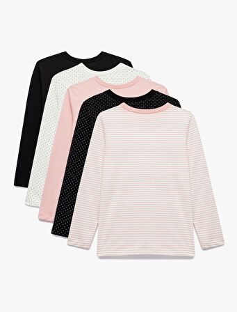 Pamuklu Bisiklet Yaka Uzun Kollu Desenli 5'li Tişört Seti