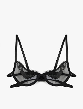 File Kumaş Çiçekli Tül Detaylı Dolgusuz Balenli Sütyen