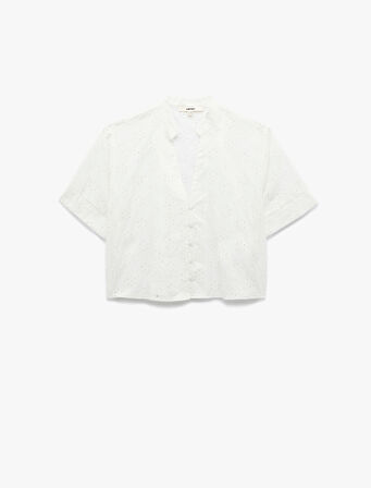 Regular Fit Kısa Kollu V Yaka Fistolu Brodeli Gömlek