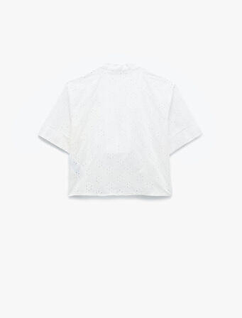 Regular Fit Kısa Kollu V Yaka Fistolu Brodeli Gömlek