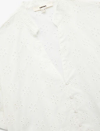 Regular Fit Kısa Kollu V Yaka Fistolu Brodeli Gömlek