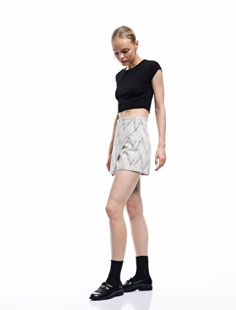 Gabardin Pamuklu Slim Fit Geometrik Desenli Mini Şort Etek