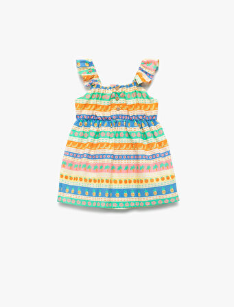 Pamuklu Kare Yaka Fırfırlı Çizgili Askılı Elbise