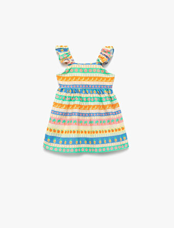 Pamuklu Kare Yaka Fırfırlı Çizgili Askılı Elbise