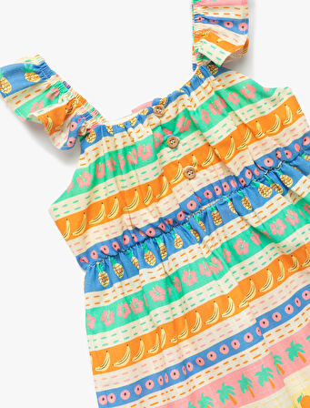 Pamuklu Kare Yaka Fırfırlı Çizgili Askılı Elbise