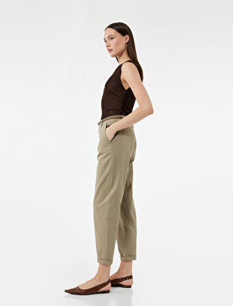 Yüksek Bel Duble Paça Pamuklu Kemerli Chino Pantolon