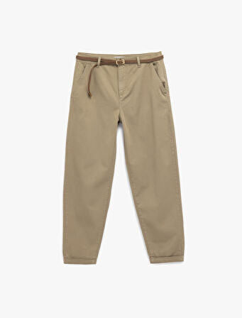 Yüksek Bel Duble Paça Pamuklu Kemerli Chino Pantolon