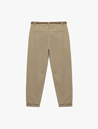 Yüksek Bel Duble Paça Pamuklu Kemerli Chino Pantolon