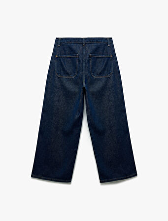 Normal Paça Düğmeli Yüksek Bel Pamuklu Geniş Paça Crop Jean Pantolon - Wide Leg Jeans