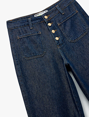Normal Paça Düğmeli Yüksek Bel Pamuklu Geniş Paça Crop Jean Pantolon - Wide Leg Jeans