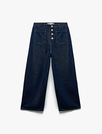 Normal Paça Düğmeli Yüksek Bel Pamuklu Geniş Paça Crop Jean Pantolon - Wide Leg Jeans