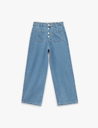 Normal Paça Düğmeli Yüksek Bel Pamuklu Geniş Paça Crop Jean Pantolon - Wide Leg Jeans