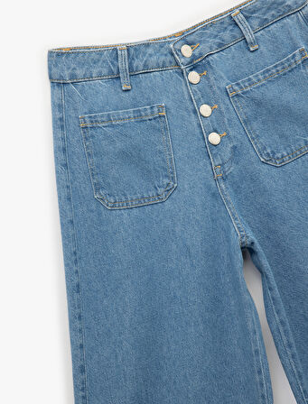 Normal Paça Düğmeli Yüksek Bel Pamuklu Geniş Paça Crop Jean Pantolon - Wide Leg Jeans
